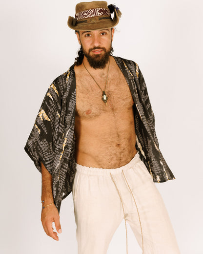 Short Black Silk Kimono with Gray and Gold Tie-Dye, Short Sleeves for Men