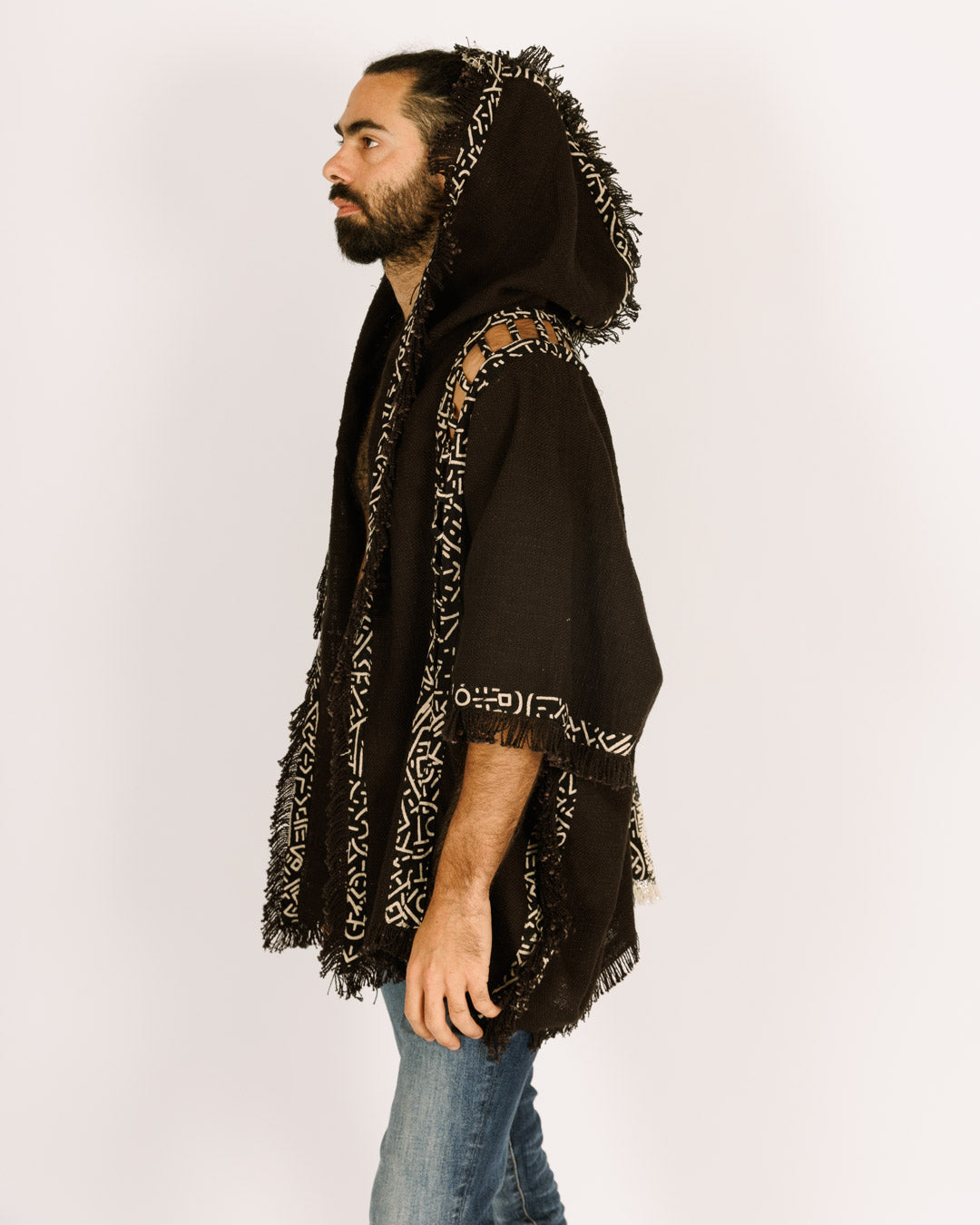 Festival Black Poncho with Hat for Men