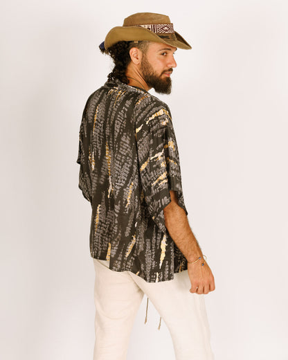 Short Black Silk Kimono with Gray and Gold Tie-Dye, Short Sleeves for Men