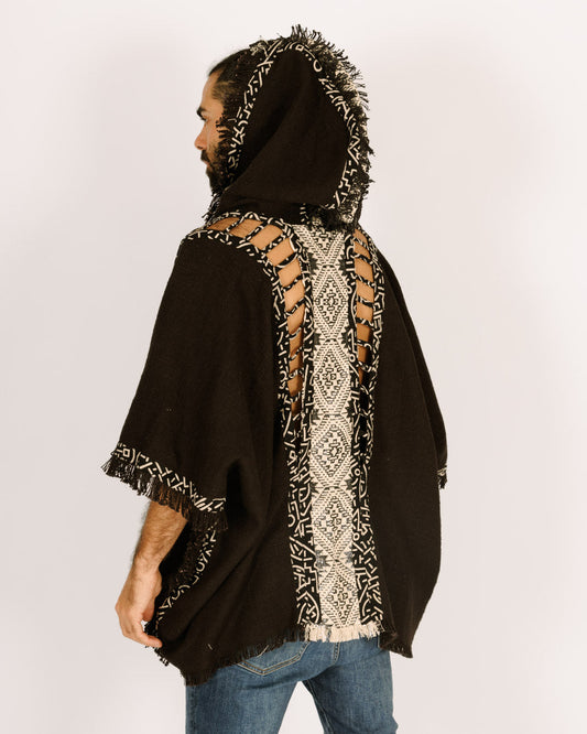 Festival Black Poncho with Hat for Men