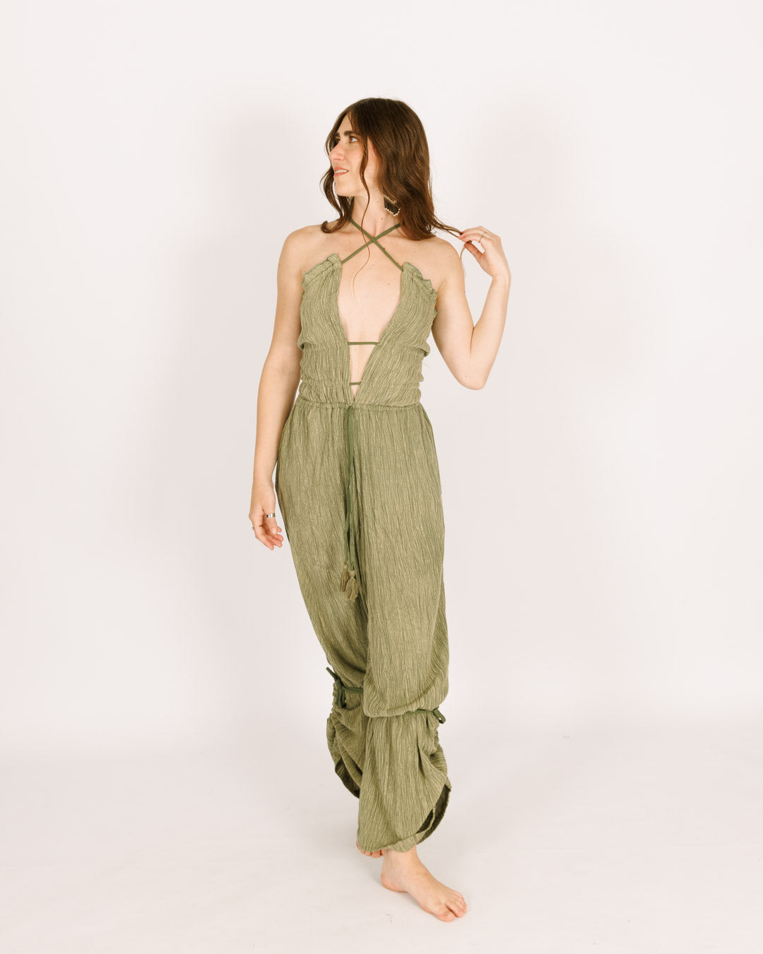 Green Wrinkled Crepe Long Jumpsuit