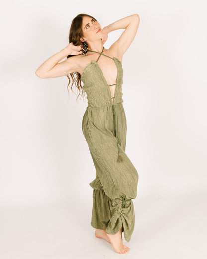 Green Wrinkled Crepe Long Jumpsuit