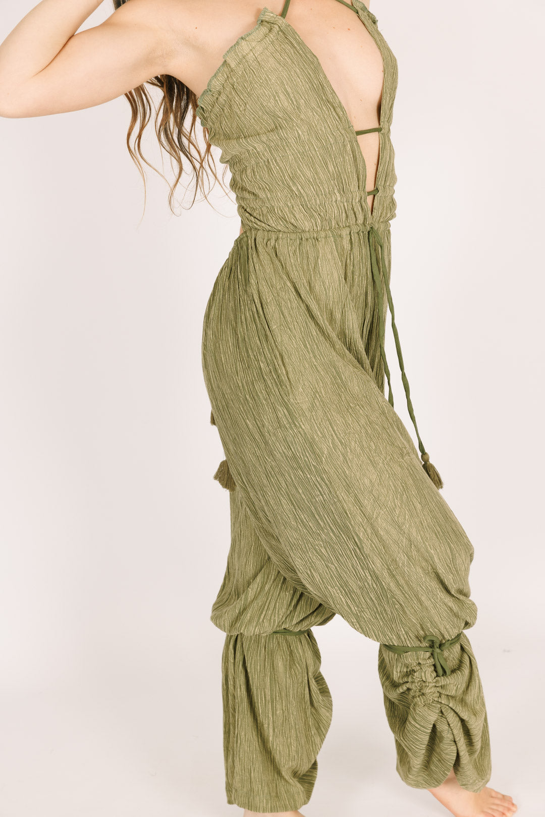 Green Wrinkled Crepe Long Jumpsuit