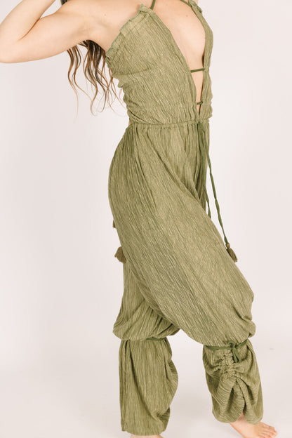 Green Wrinkled Crepe Long Jumpsuit