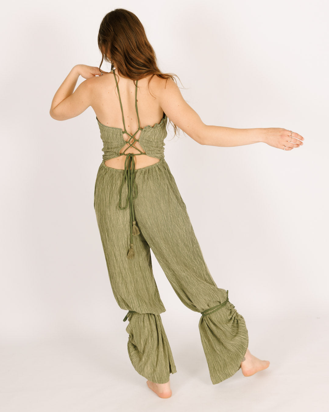 Green Wrinkled Crepe Long Jumpsuit