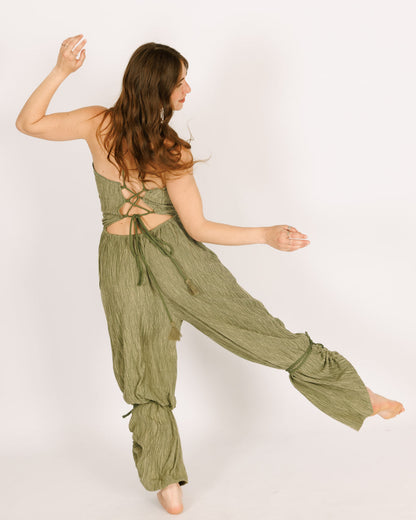 Green Wrinkled Crepe Long Jumpsuit