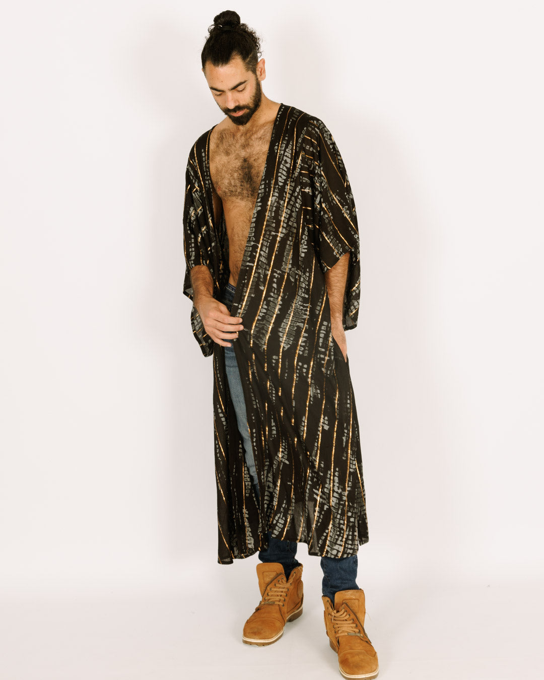 Men's Black Maxi Kimono with Gray and Gold Tie-Dye