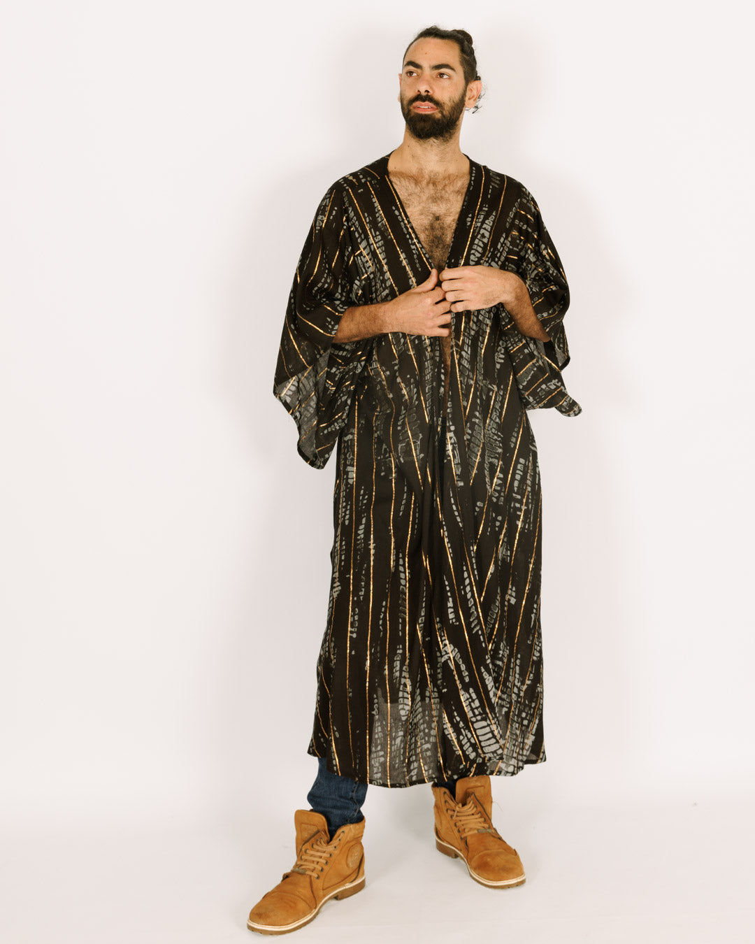 Men's Black Maxi Kimono with Gray and Gold Tie-Dye