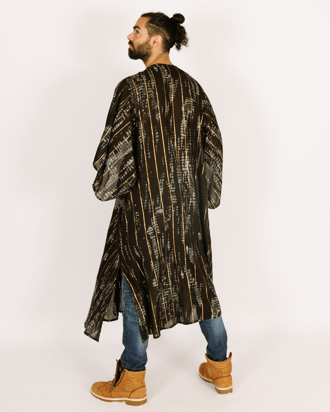 Men's Black Maxi Kimono with Gray and Gold Tie-Dye