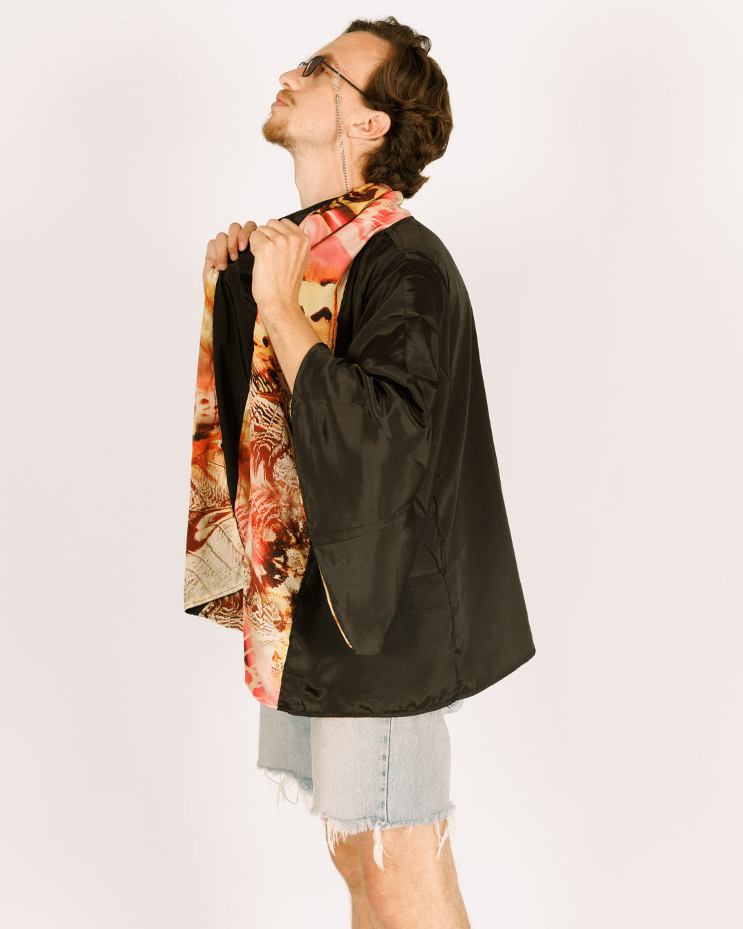 Silk Midi Kimono, Long Sleeves, Reversible with Orange and Black Butterflies for Men