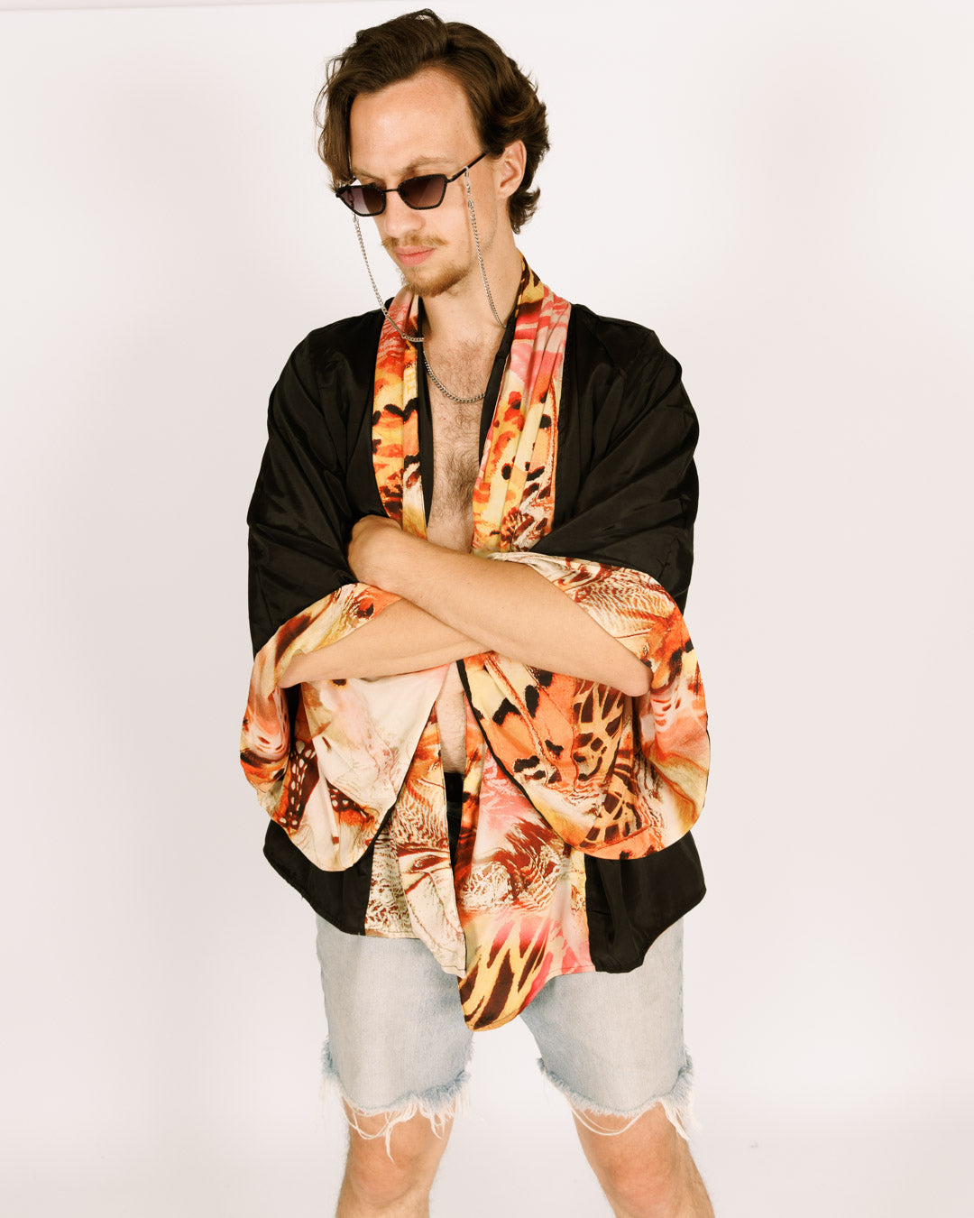 Silk Midi Kimono, Long Sleeves, Reversible with Orange and Black Butterflies for Men