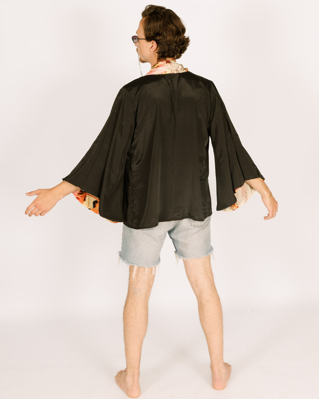 Silk Midi Kimono, Long Sleeves, Reversible with Orange and Black Butterflies for Men