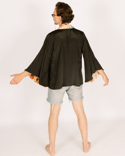 Silk Midi Kimono, Long Sleeves, Reversible with Orange and Black Butterflies for Men