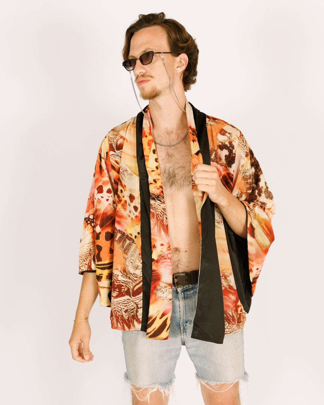 Silk Midi Kimono, Long Sleeves, Reversible with Orange and Black Butterflies for Men