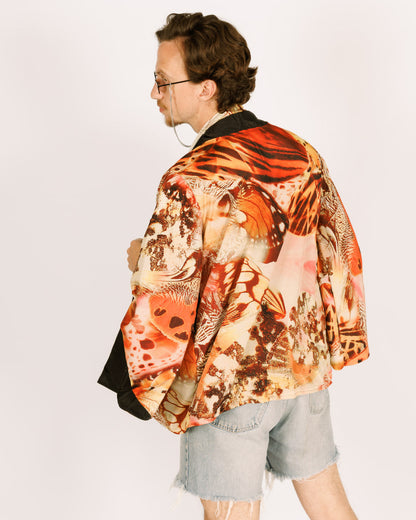 Silk Midi Kimono, Long Sleeves, Reversible with Orange and Black Butterflies for Men