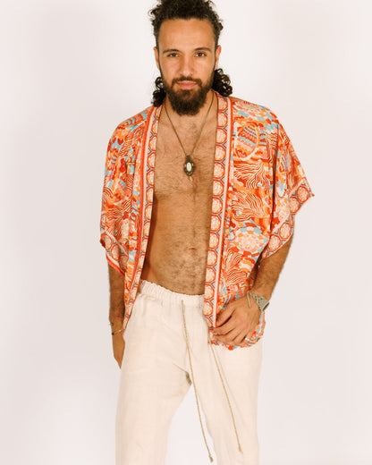 Short Orange Silk Kimono with Short Sleeves for Men