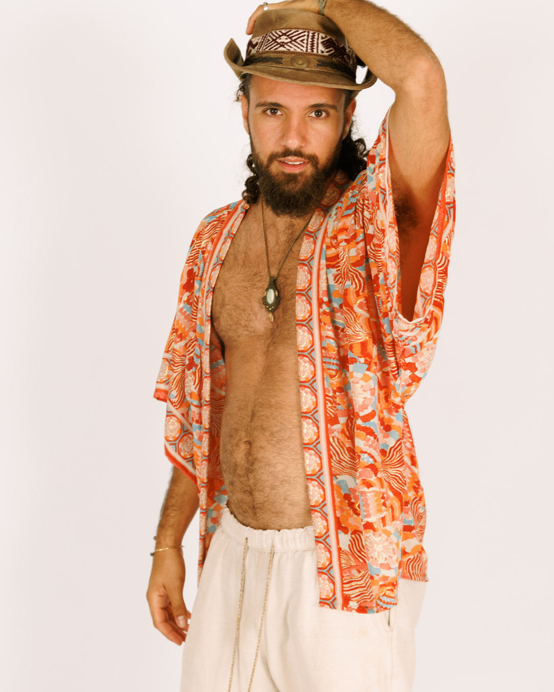 Short Orange Silk Kimono with Short Sleeves for Men