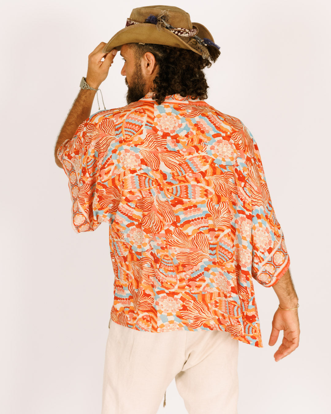 Short Orange Silk Kimono with Short Sleeves for Men