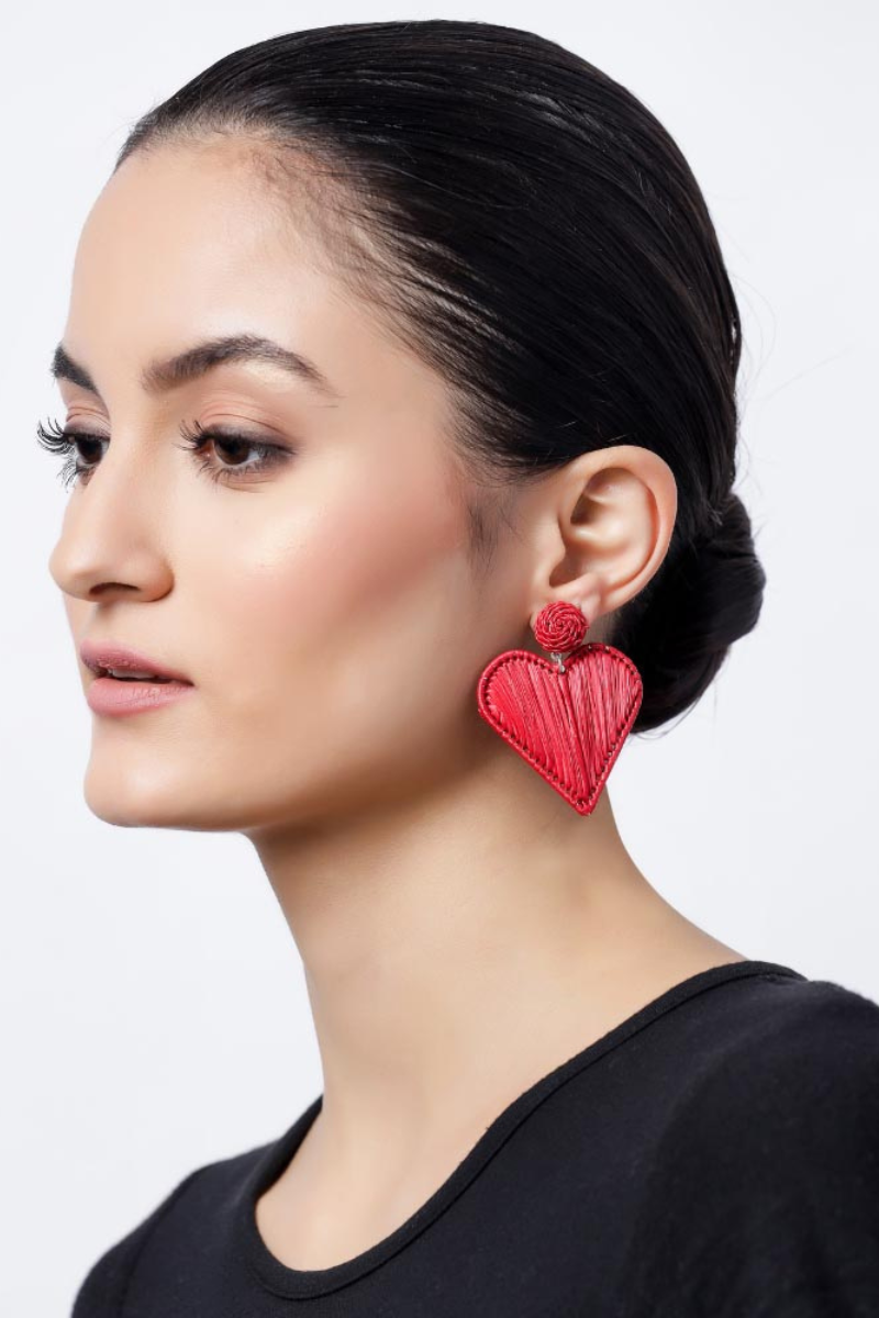 Raffia Earrings - Red Heart