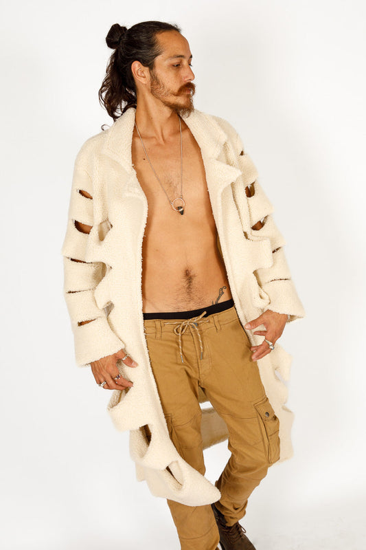 Winter Kimono / Cream Ripped Faux Fur Jacket for Men